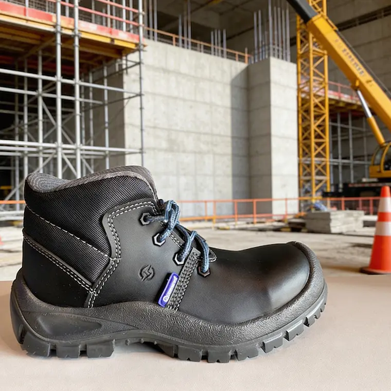 Bota de seguridad tipo obrero en cuero negro en una obra