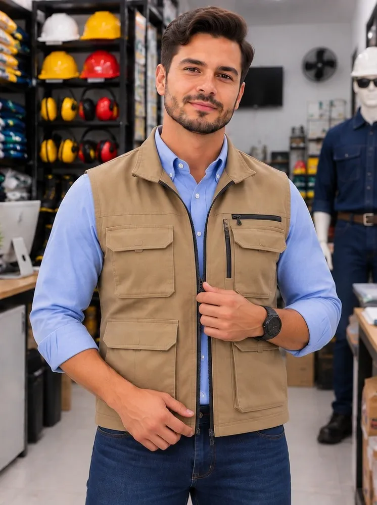Hombre con chaleco drill caqui con bolsillos