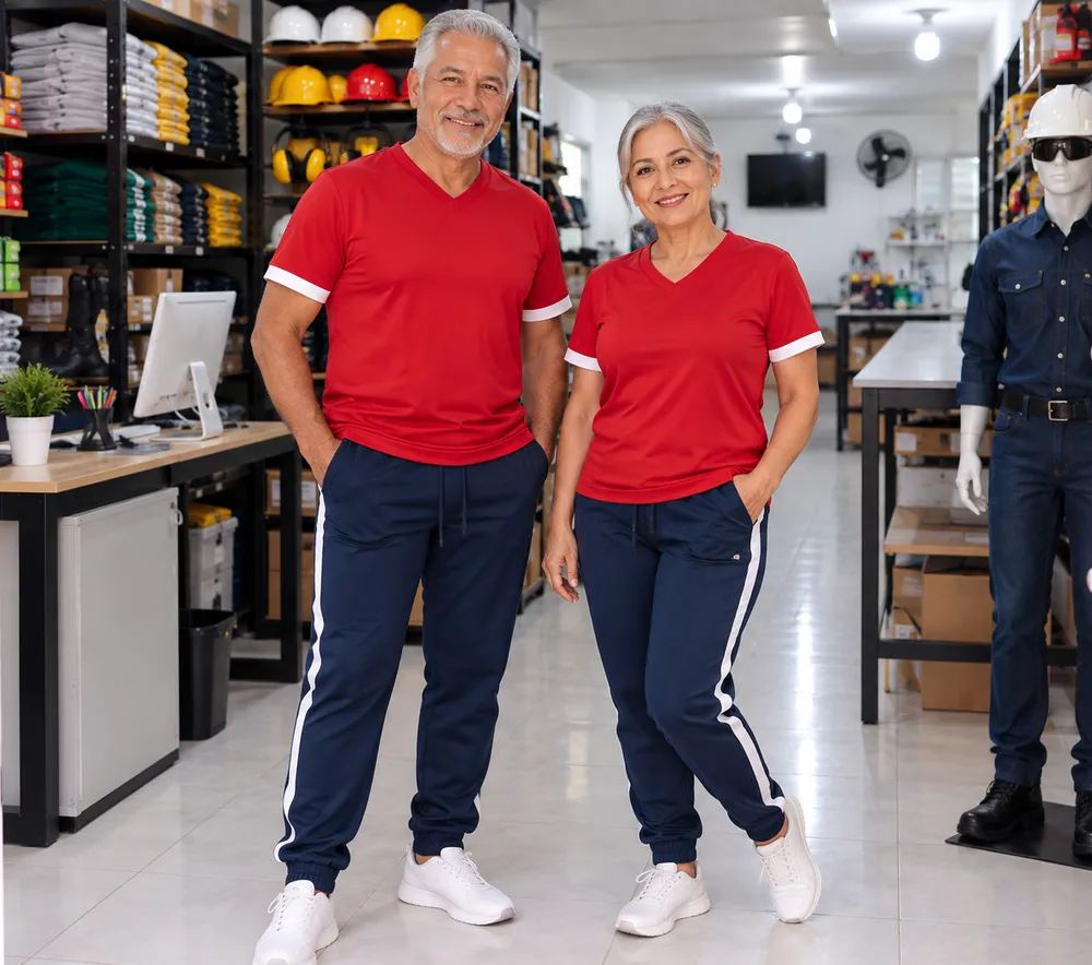Pareja con conjunto deportivo de dotación en la sala de equipos de Texproseg 360°