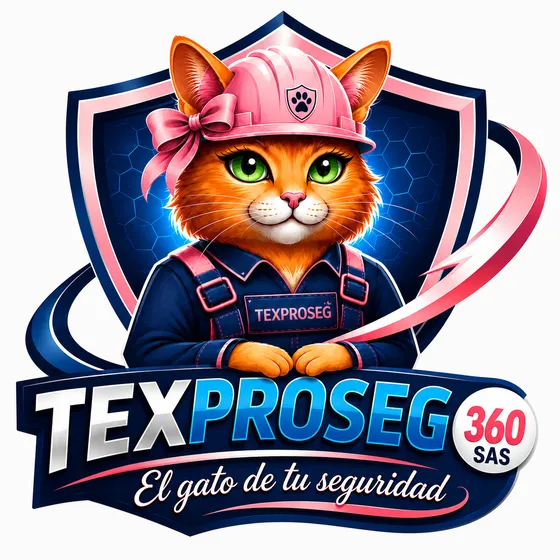 Logo de Texproseg 360 SAS: Pachito, un gato naranja con casco de seguridad, sobre un escudo azul