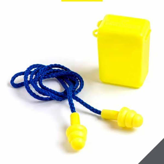 Tapones auditivos amarillos con cordón azul y estuche