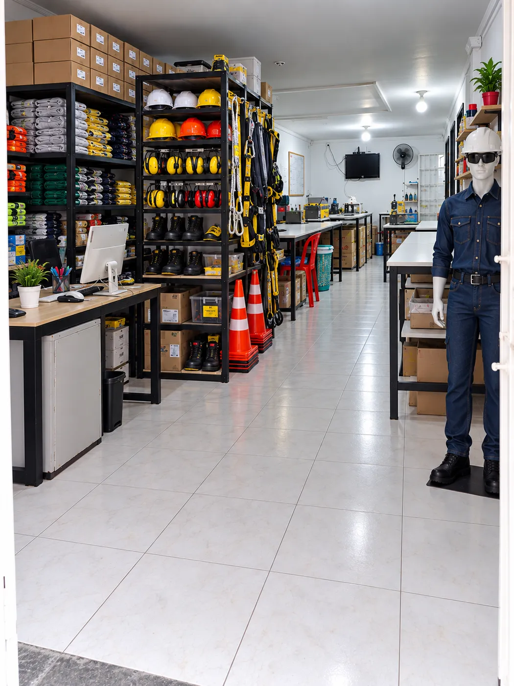 Sala de equipos de Texproseg 360° con estanterías de cascos, protectores auditivos, botas, arneses y dotación